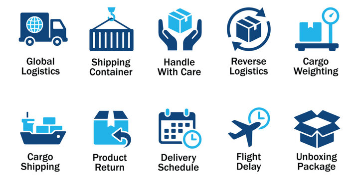 Global logistics solid icons and cargo shipping supply chain glyph elements. Vector illustration of flat blue corporate container package delivery schedule return vehicle template.