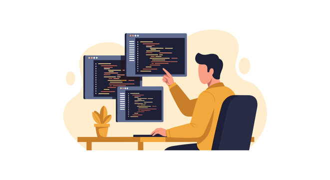A male software developer sits at a desk and points towards three open code editor windows displayed in a professional and minimalist flat digital illustration design style.
