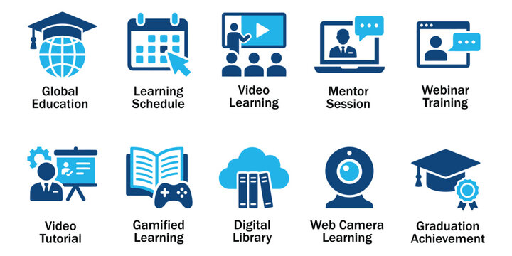 E-learning solid icons and online education training glyph elements. Vector illustration of flat blue corporate global graduation schedule mentor library representing webinar template.