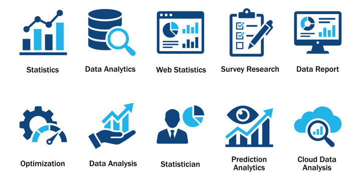 Data analytics solid icons and business statistics glyph elements. Vector illustration of flat blue corporate survey research report optimization forecasting cloud template.