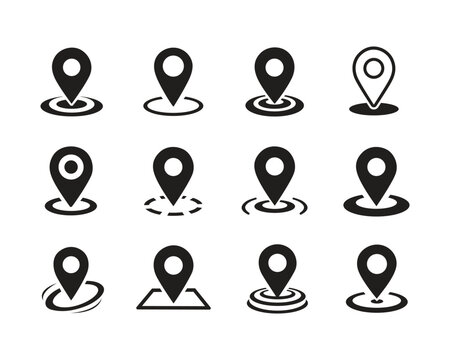 Minimalist black map pin and location pointer icon set in various styles. Clean vector navigation marker symbols isolated on white background for web and mobile UI layouts.