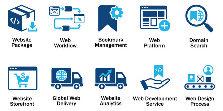 Web development solid icons and global ecommerce platform glyph elements. Vector illustration of flat blue corporate website storefront workflow bookmark management representing analytics template.