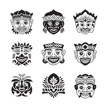 Collection of traditional balinese wayang kulit mask silhouettes with silhouette, indonesia