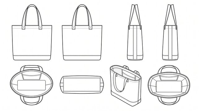 Canvas Tote Bag Technical Flat Sketch Vector Template with Front Back Side Top Bottom and Perspective Views
