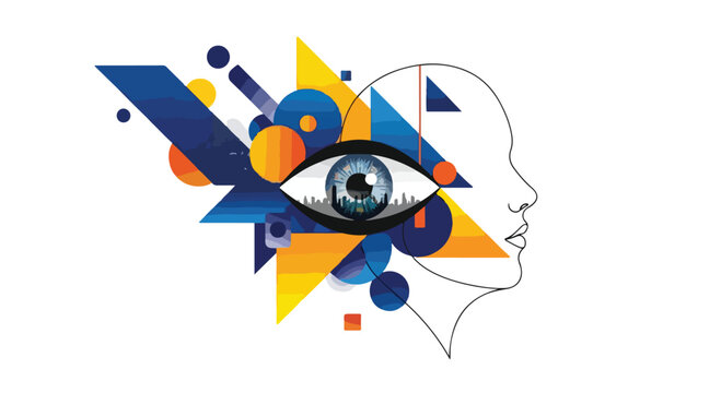 Abstract geometric human profile with eye, creative mind concept vector, modern psychological vision illustration with blue and orange shapes