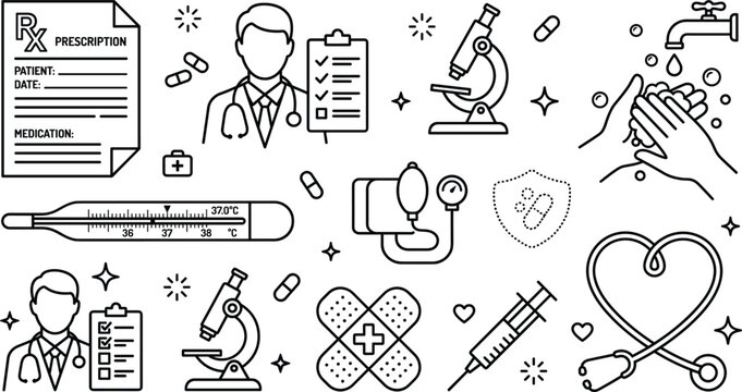 Medical care line icon set with doctor prescription thermometer stethoscope syringe microscope and hygiene elements vector illustration