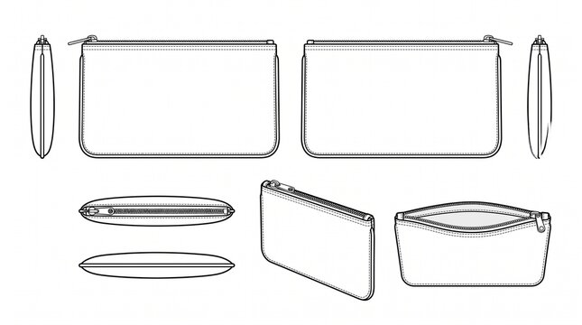 Zipper Pouch Bag Technical Drawing Fashion Flat Sketch Vector Template with Multiple Views