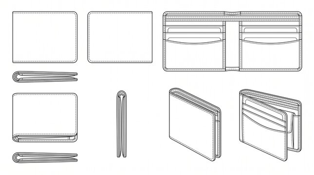 Technical sketch of a men's bi-fold leather wallet showing front, back, side, open, and perspective views for design.