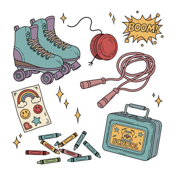 Nostalgic 90s lifestyle objects including roller skates and toys.
