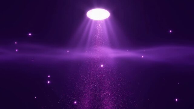 Glittering purple background with glowing light and sparkling dust creates dreamlike abstract scene, shimmering beam and luminous particle fall for festive concept, shining haze and glow dark space