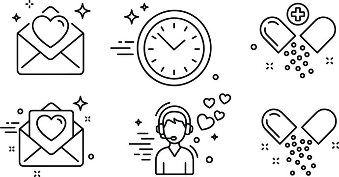 Medical support and customer care line icon set with open love letter clock customer representative capsule pills vector
