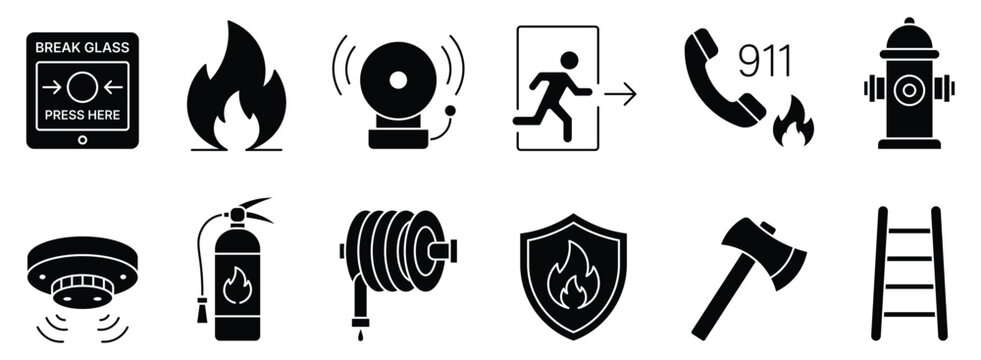 Fire emergency solid black icon set with hydrant, extinguisher, alarm bell, smoke detector, axe and safety shield black silhouettes vector illustration.