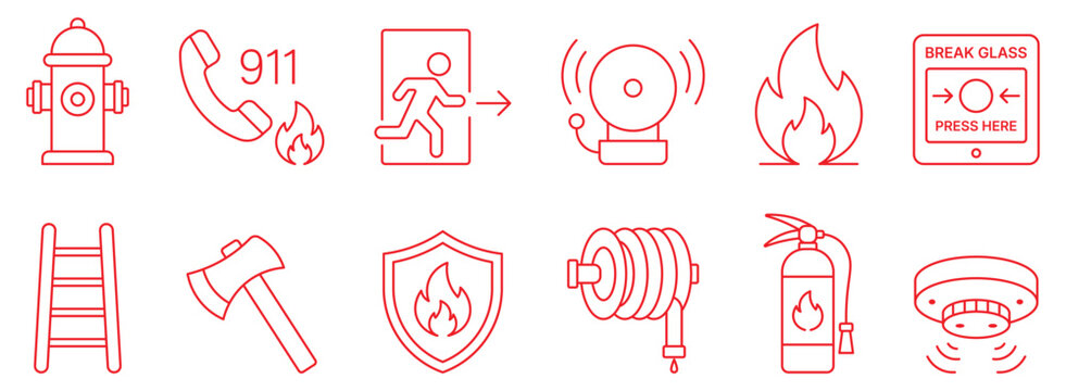 Fire emergency safety equipment line icons set with hydrant extinguisher alarm exit and protection symbols.