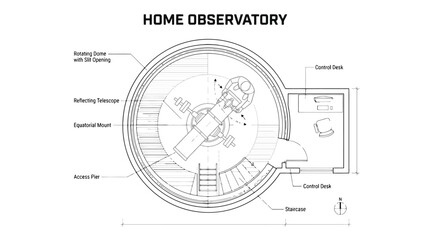 Architectural Blueprint of a Home Observatory with Telescope and Control Desk Layout reflecting telescope © Muhammad