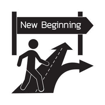 New beginning signpost icon with walking man. Choosing career path direction vector.