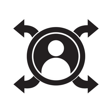 User profile icon with four arrows pointing outward. Business expansion concept vector.