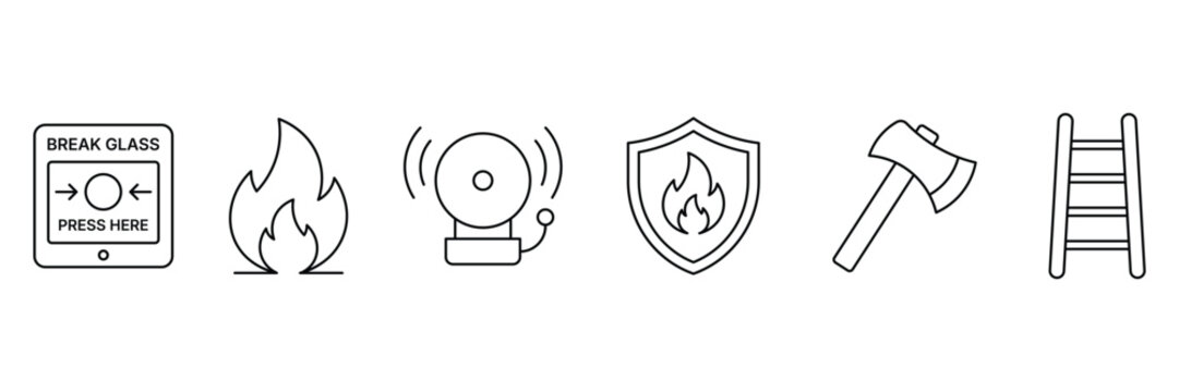 Fire emergency safety and protection outline icons set with alarm, flame, shield, axe and ladder line art icons.