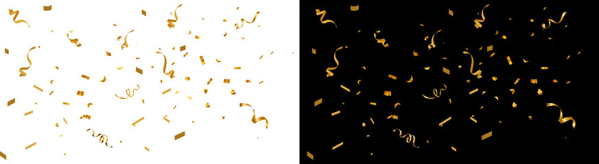 Shiny golden confetti pieces falling down in a festive celebration layout rendered with a realistic metallic texture on transparent background © rehena