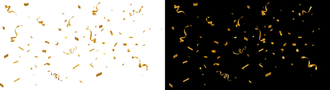 Shiny golden confetti pieces falling down in a festive celebration layout rendered with a realistic metallic texture on transparent background