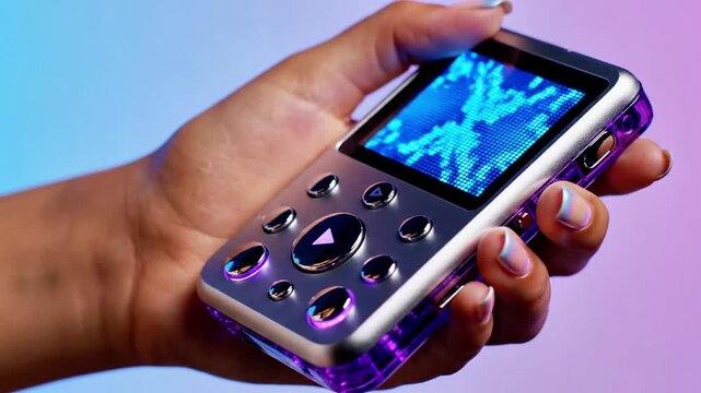 A close-up of a person's hands holding a small, silver, portable electronic device with a screen displaying a blue waveform against a gradient purple and blue background