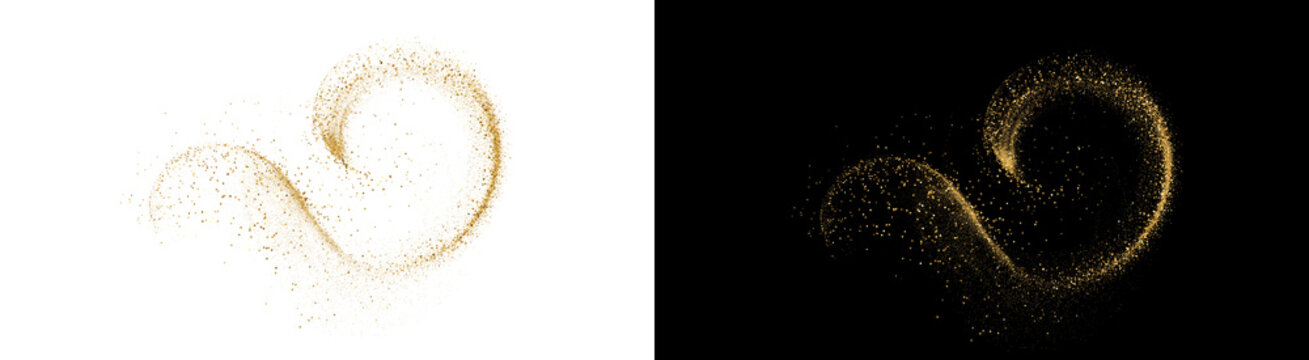 Golden glitter swirl forming a beautiful decorative wave composed of tiny sparkling particles isolated on transparent background