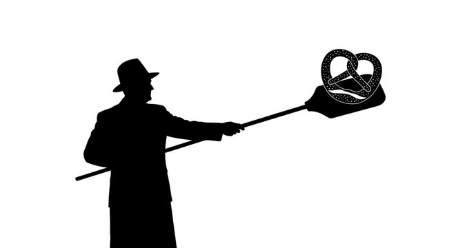 Baker holding large pretzel on wooden peel silhouette