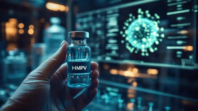 Hmpv vaccine development: hand holding vial in advanced lab setting with data display. HMPV, Human metapneumovirus