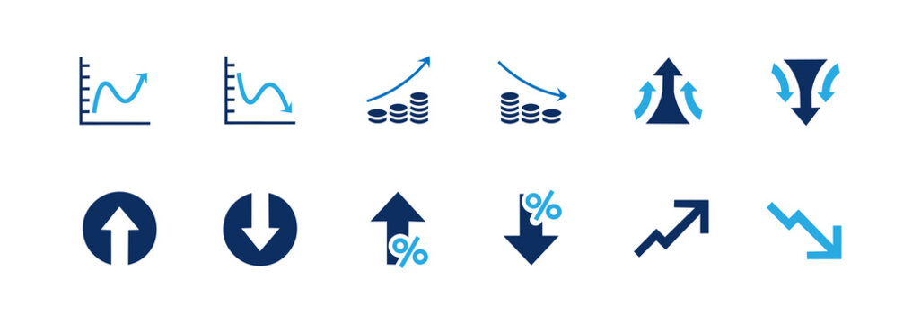 Rise and Fall icon set. Business growth and decline chart symbols. Illustration icon pack.