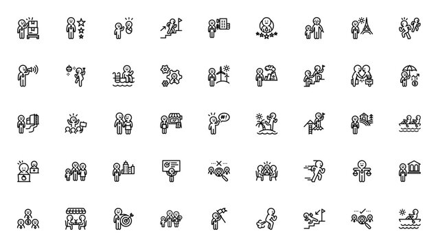 Human Resources and Lifestyle icon set. Happy man vector pack. Minimal line icons featuring Delivery man, Baby, Businessman, Grandfather, Family, Success, Party, Summer, Protest, Factory, and more. Ed