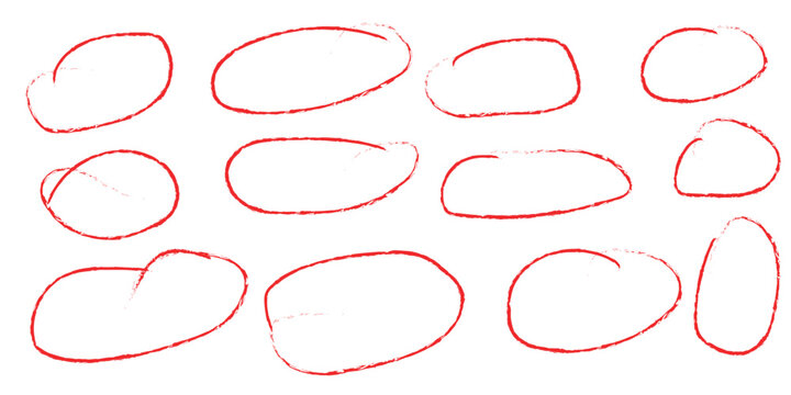 Set of hand drawn red marker circles and oval highlight elements isolated on white background

Collection of red ink sketch circle frames, hand drawn correction rings and borders for text