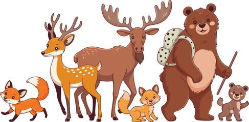 Naklejka premium Forest Animals Cartoon Vector Collection with Bear, Deer, Fox, Moose and Cute Woodland Wildlife Characters Illustration Set