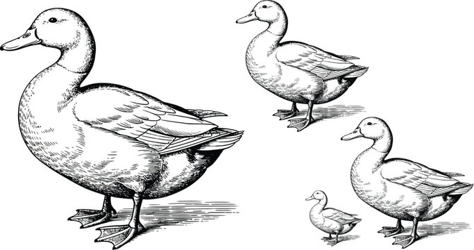 Black and white duck family illustration, vector ducks, quacking birds, animal icons