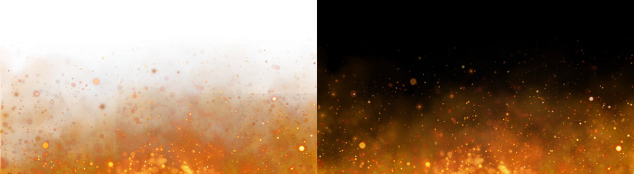 Vibrant golden fire sparks and glowing embers floating upward in a magical cinematic motion effect display on transparent background