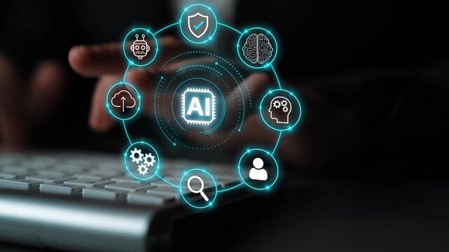 Futuristic AI Technology Concept with Digital Icons Representing Machine Learning, Robotics, and Data Analysis in a Professional Environment. Entropy.