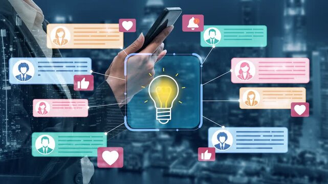 Modern Business Communication Concept with Smartphone, Graphic Interface, Social Media Elements, and Light Bulb Symbolizing Ideas and Innovation. Entropy.