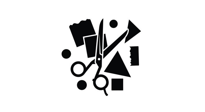 Minimalist black scissors icon with paper scraps, professional hair cutting shears vector, creative craft and tailoring tools illustration