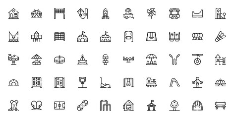 Playground_8005 icon set. Minimal vector icons. Playground equipment icon pack. Featuring swing, slide, carousel, seesaw, sandbox, trampoline, bouncy castle, monkey bars and more. © wang