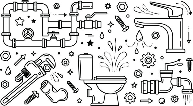 Plumbing service and repair line icons set vector illustration including water pipes pipe wrench faucet and broken toilet elements