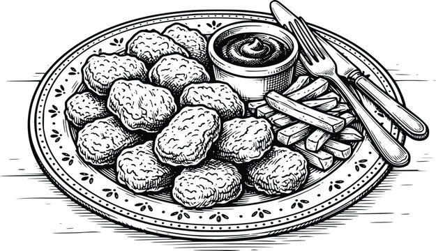 Chicken Nuggets with French Fries and Dipping Sauce Hand Drawn Vector Illustration