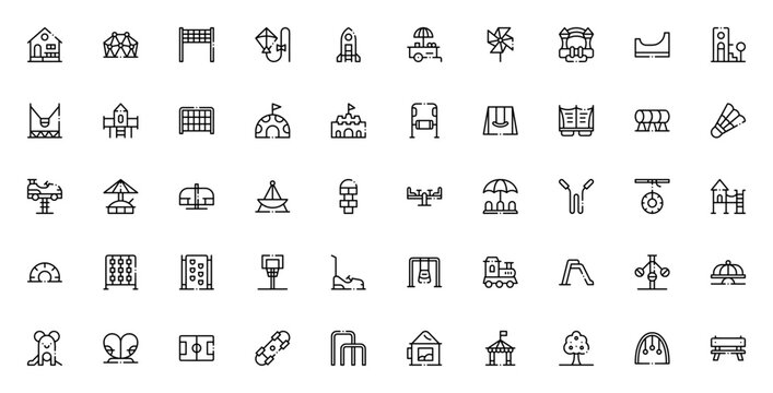 Playground_8005 icon set. Minimal vector icons. Playground equipment icon pack. Featuring swing, slide, carousel, seesaw, sandbox, trampoline, bouncy castle, monkey bars and more.