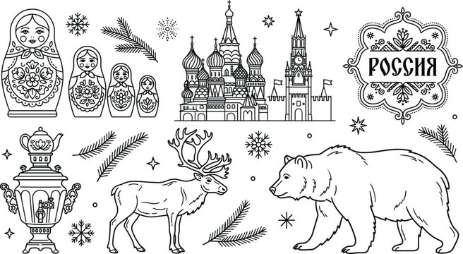 Russian culture traditional symbols vector set with matryoshka dolls kremlin cathedral bear samovar and deer line art icons