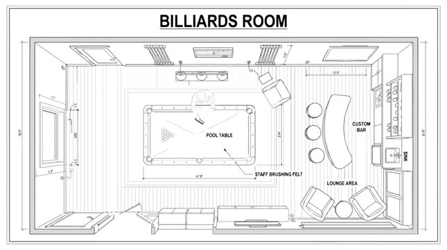 Architectural Blueprint Top Down View of a Billiards Room with Bar and Lounge Area pool table custom bar