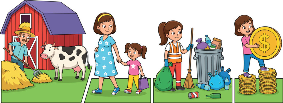 Diverse cartoon life scenes vector illustration collection featuring a dairy farmer pregnant mother with child street sweeper cleaning garbage and girl saving money (23 words)