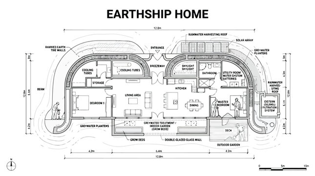 Architectural diagram of an Earthship home showcasing sustainable design features and layout eco-friendly