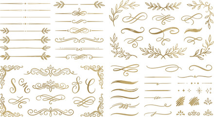 Elegant gold wedding ornament vector set featuring luxury calligraphic swirls filigree borders vintage text dividers botanical leaves wreaths and decorative flourishes. © MstSumaya