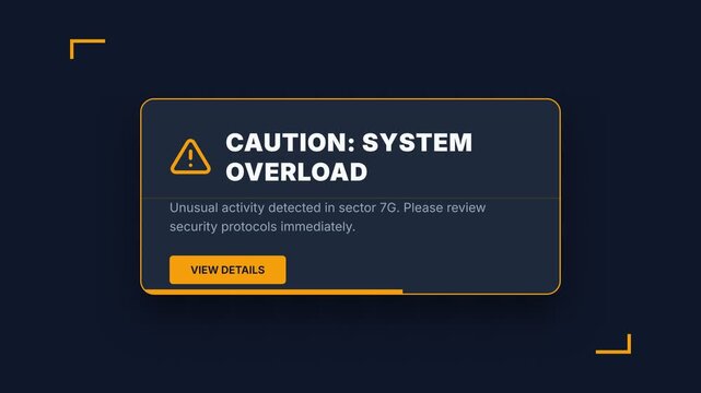 Dynamic digital alert screen with "CAUTION: SYSTEM OVERLOAD" warning and "VIEW DETAILS" button, symbolizing critical error, system failure, and urgent security breach notification
