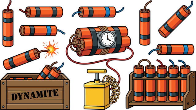 Dynamite sticks vector illustration collection featuring red explosive bombs with fuses time clock bundle wooden crate box and yellow detonator plunger (22 words)
