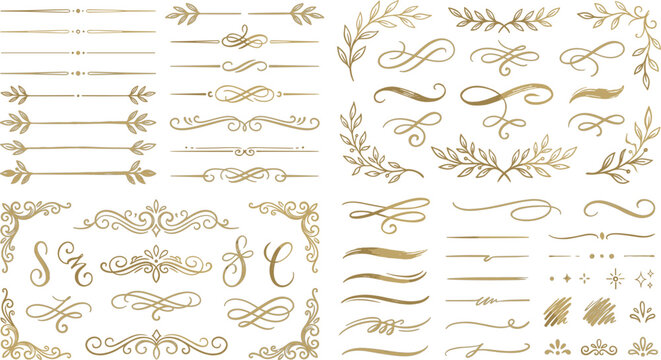 Elegant gold wedding ornament vector set featuring luxury calligraphic swirls filigree borders vintage text dividers botanical leaves wreaths and decorative flourishes.