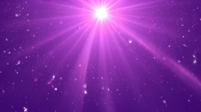 Glittering purple background with bright starburst, light beam and ray glow, drifting particle sparkle, abstract festive glow and dreamy cosmic atmosphere, radiant soft sparkles creating searchable