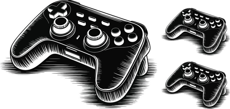 Black and white video game controllers, gaming controllers set, vector illustration, controller icons